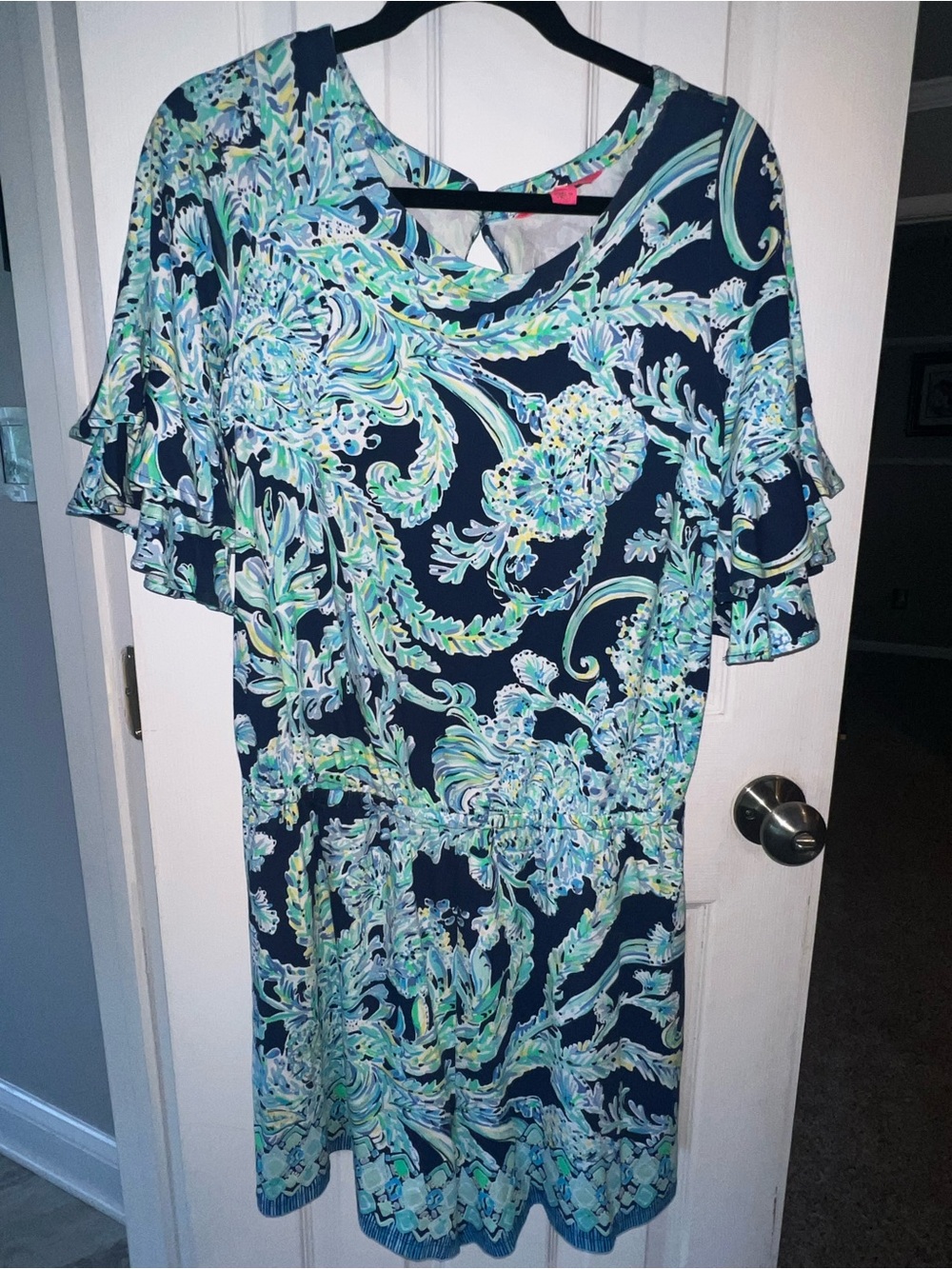 Lilly Pulitzer Navy Blue Floral Print Dress w/ Aqua and Lime Accents.